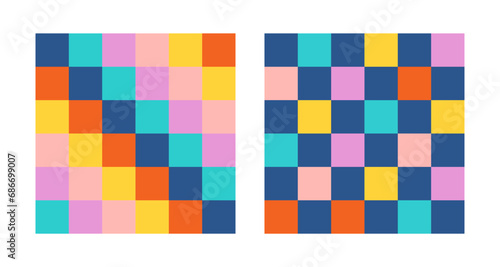 Groovy checkered seamless patterns, vintage aesthetic backgrounds, psychedelic checkerboard texture. Funky hippie fashion textile print, retro background with distorted grid tile vector pattern set