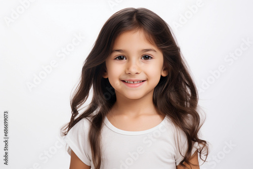 Adorable Girl Kid Smiling with Clean Teeth: Cute Young Girl Portrait on White Background, generative ai