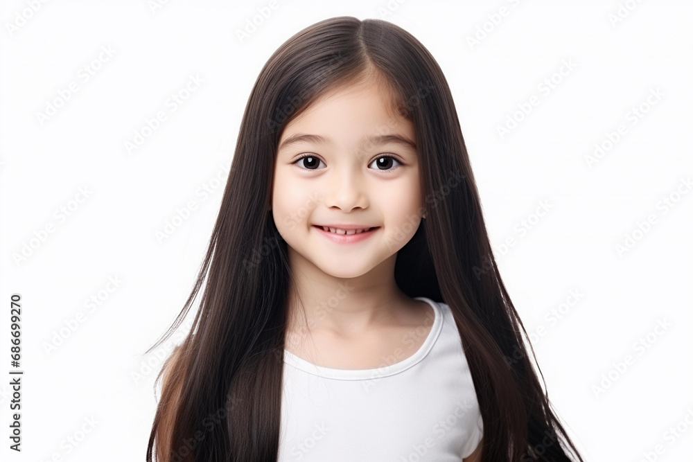Adorable Girl Kid Smiling with Clean Teeth: Cute Young Girl Portrait on White Background, generative ai Adorable Girl Kid Smiling with Clean Teeth: Cute Young Girl Portrait on White Background, generative ai