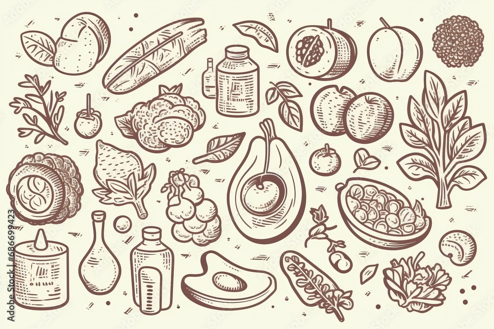 Illustration in line art style assortment of nutritious food items, fruits, and vegetables. Concept of a balanced diet, healthy eating, vegetarian, and vegan plant-based diet. Illustration in line art style assortment of nutritious food items, fruits, and vegetables. Concept of a balanced diet, healthy eating, vegetarian, and vegan plant-based diet.