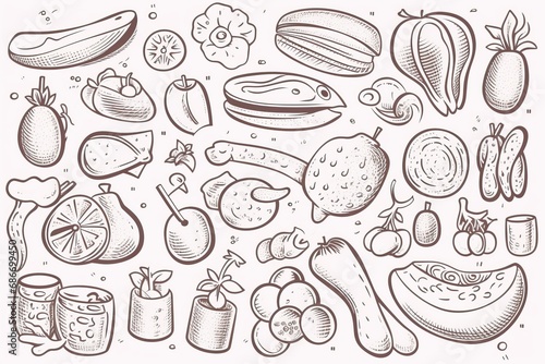 Illustration in line art style assortment of nutritious food items  fruits  and vegetables. Concept of a balanced diet  healthy eating  vegetarian  and vegan plant-based diet. 