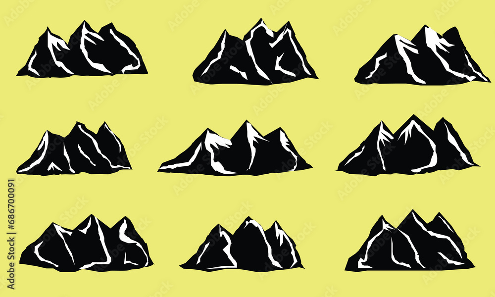 Mountain vector icons set. Set of mountain silhouette elements. Outdoor icon snow ice mountain tops, decorative symbols isolated. Camping mountain logo, travel labels, climbing or hiking badges 0 1 1