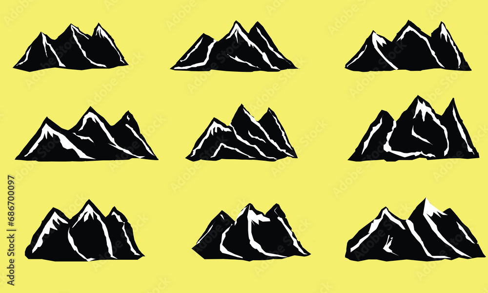 Mountain vector icons set. Set of mountain silhouette elements. Outdoor icon snow ice mountain tops, decorative symbols isolated. Camping mountain logo, travel labels, climbing or hiking badges 1 50