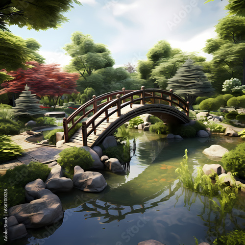 a peaceful Japanese garden with a traditional arched bridge