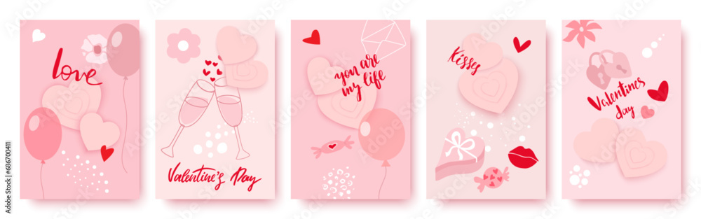 Valentine's day February 14 stories design template set. Story geometric layout for promo greeting card design for lovers holidays. Beige and pink elegant cute social post posters set.