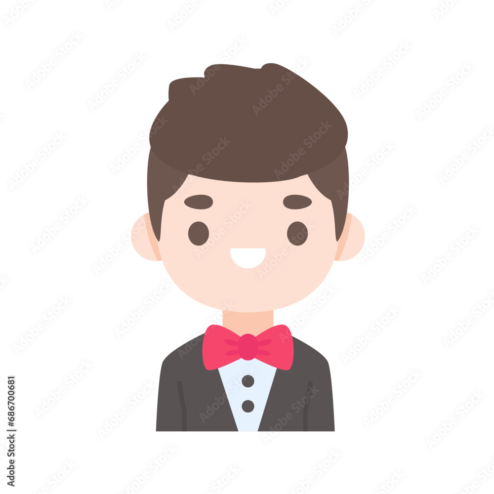 Cartoon of a groom wearing a black tuxedo at a wedding ceremony