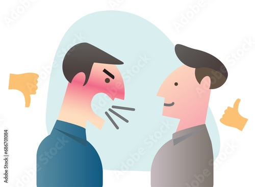 2 man argue and 2 icon thump up and down