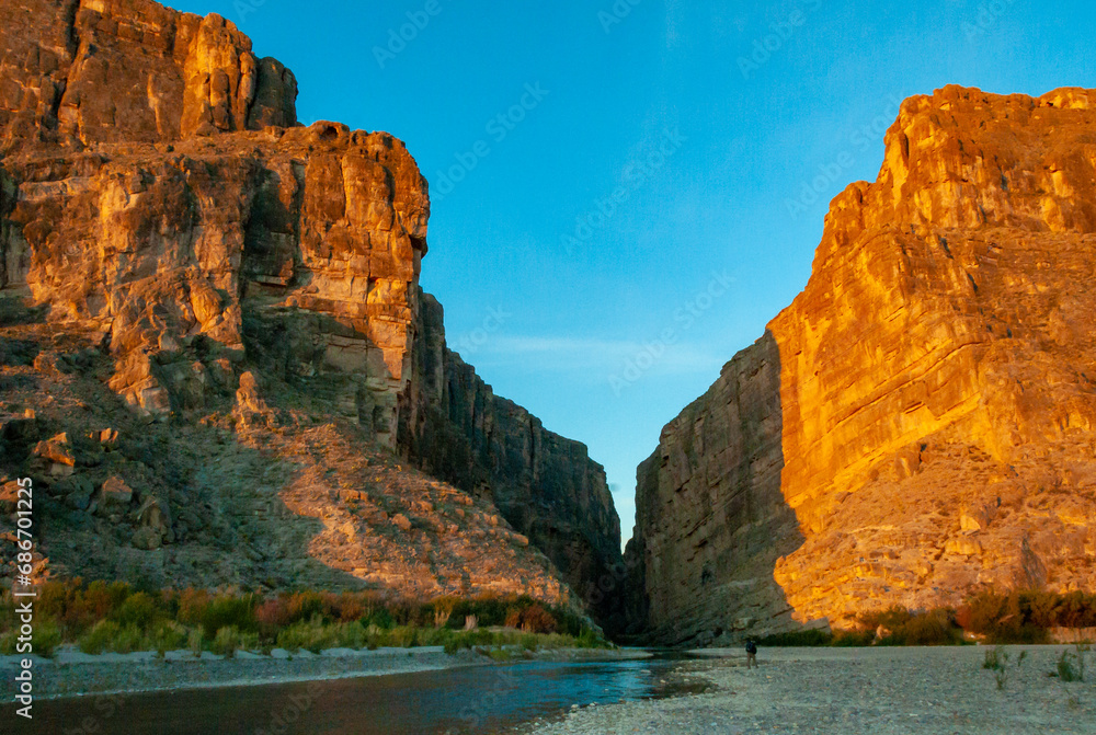A view of Santa Elena Canyon in Big Bend National Park. Cliffs rise steeply