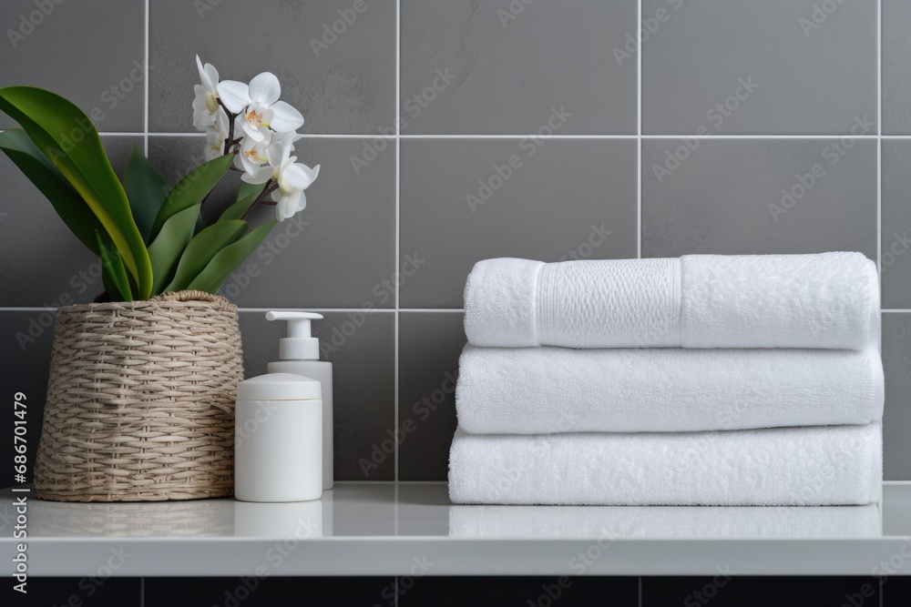 White towels in a stack. Spa. Bath. Rest. Plant in the pot. Clean laundry. Wallpaper