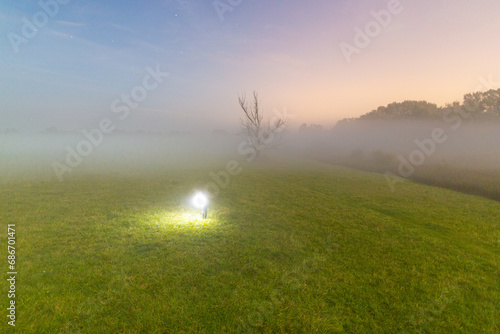 Eerie picture of a field with a bright light on it with a creepy dry tree in the background in the fog