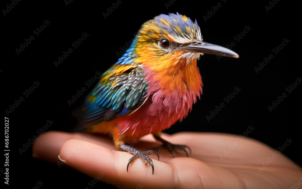 colorful little birds perched on the palm of a human being colorful little birds perched on the palm of a human being
