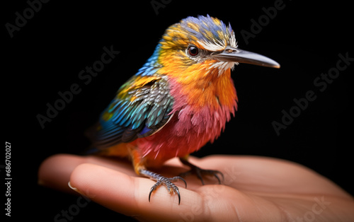 colorful little birds perched on the palm of a human being © witoon