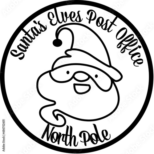 North Pole Santa Claus Elves Post Office, Christmas time postmark, vector graphics, icon, Merry Christmas greetings, stylized drawing of Santa Claus