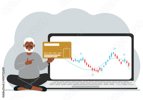 A laptop with a promo page of stock trading or trading on the stock exchange next to a man holding a plastic card. Financial chart for buying and selling in the stock market. Vector flat illustration