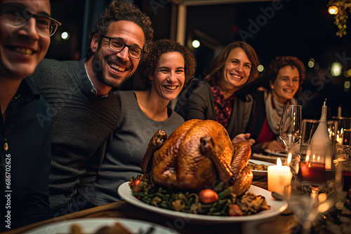 a group of friends enjoying thanksgiving meal with turkeys and roast