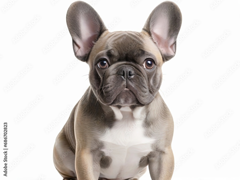 bulldog francés sentado, mirando hacia la cámara, sobre fondo blanco 