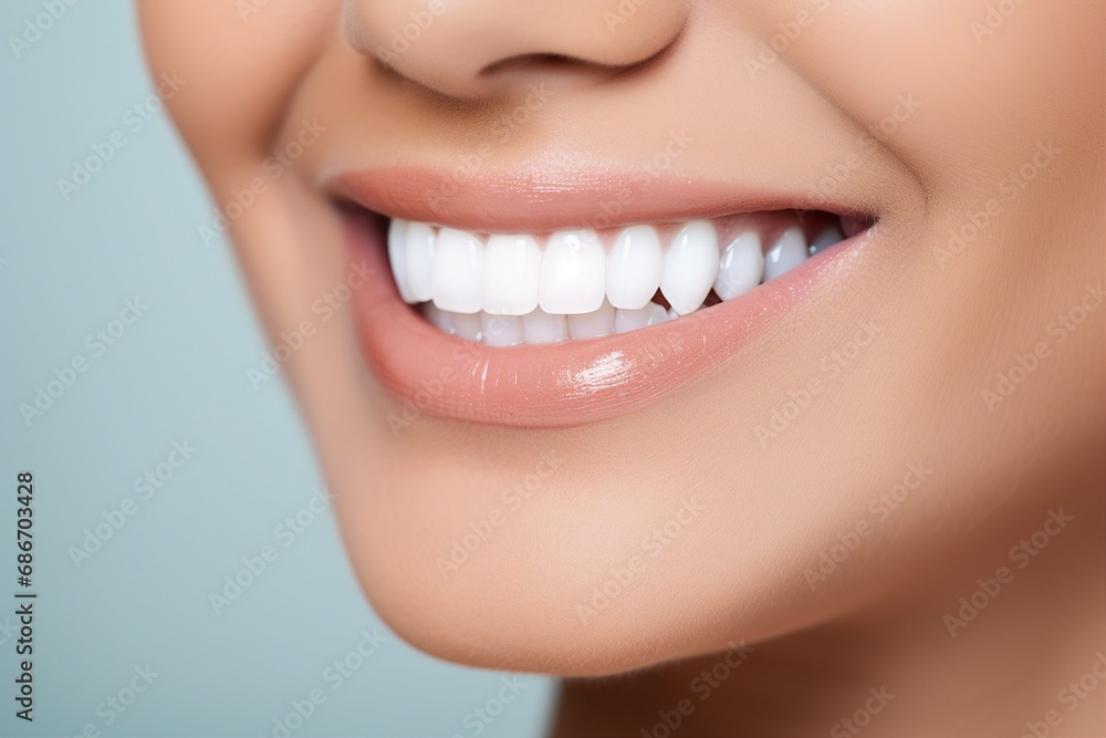Fototapeta premium Close-Up Portrait of a Smiling Man Person with White Healthy Teeth on a Soft Blue Clean Bright Background, Radiating Confidence and Joy Dental Care Concept Emotional Wellness and Dental Happiness