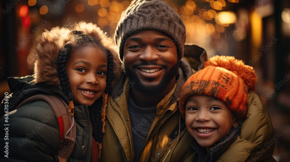 Black dad spending time with kids on a fall autumn day. Concept of Family Bonding, Seasonal Joy, and Cherished Moments. Black dad spending time with kids on a fall autumn day. Concept of Family Bonding, Seasonal Joy, and Cherished Moments.