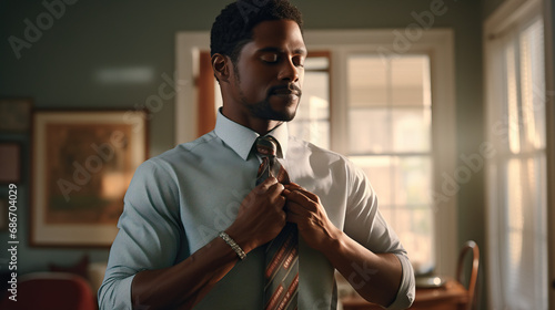 Black man fixing tie, getting ready for the day. Concept of Professional Preparation, Grooming Routine, and Ready for Success. photo