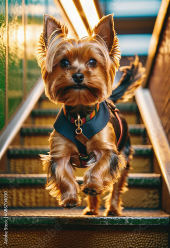 A Yorkshire Terrier trotting down a subway staircase, capturing the essence of urban life © Attila
