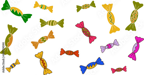 Christmas Sweets in decorative Holiday colour wrappers. Hand drawn outlines retained on some sweets. Select your favourites or use them all. 