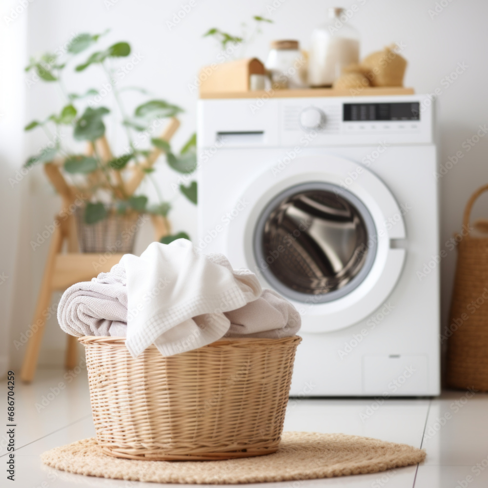 Modern washing machine and laundry basket with Stack of clean clothes Modern washing machine and laundry basket with Stack of clean clothes