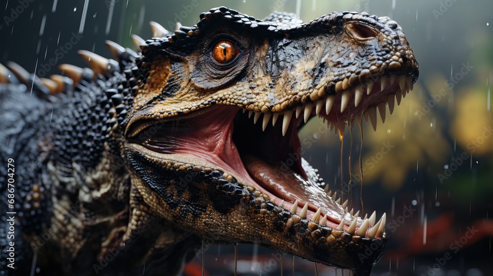 Fototapeta premium Head of a dinosaur roaring. Close up. Concept of Prehistoric Power, Fierce Roar, and the Majesty of Ancient Beasts.