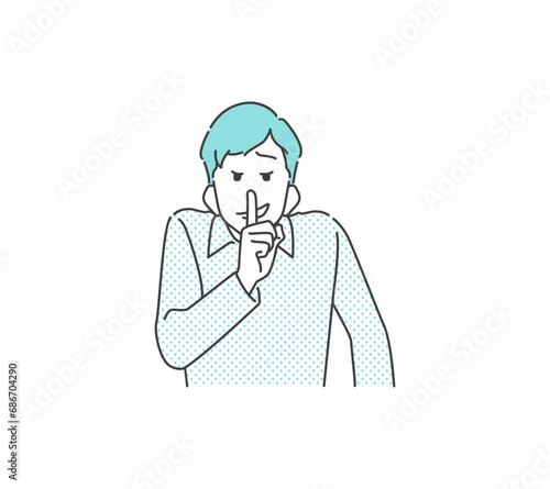 ニヤニヤ笑いながら内緒のポーズをする若い男性