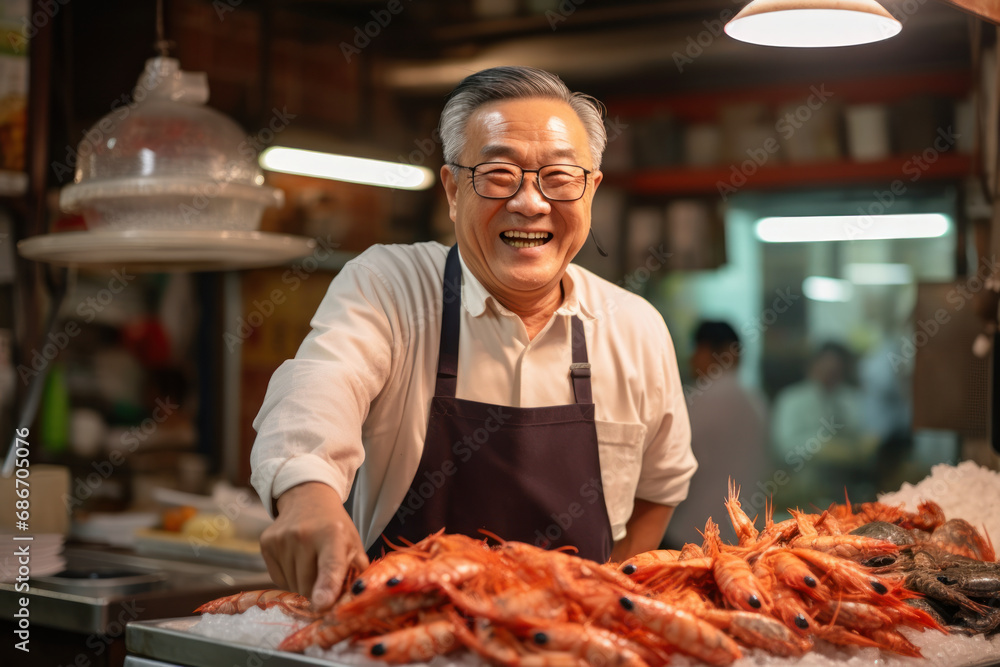 Joyful Asian fishmonger presenting shrimp at a market stall