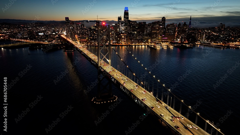 Oakland Bay Bridge At San Francisco In California United States. Downtown City Skyline. Transportation Scenery. Oakland Bay Bridge At San Francisco In California United States. 