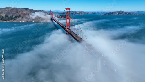 Golden Gate Bridge Fog At San Francisco In California United States. Downtown City Skyline. Transportation Scenery. Golden Gate Bridge Fog At San Francisco In California United States. 