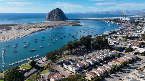 Downtown City At Morro Bay In California United States. Nature Travel Background. Seascape Landscape. Downtown City At Morro Bay In California United States. 