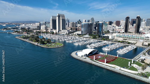 San Diego Skyline At San Diego In California United States. Scenic Downtown Cityscape. Urban Coastal. San Diego Skyline At San Diego In California United States.  © ByDroneVideos