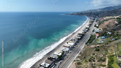 Malibu Beach At Los Angeles In California United States. Paradisiac Beach Scenery. Seascape Landmark. Malibu Beach At Los Angeles In California United States. 