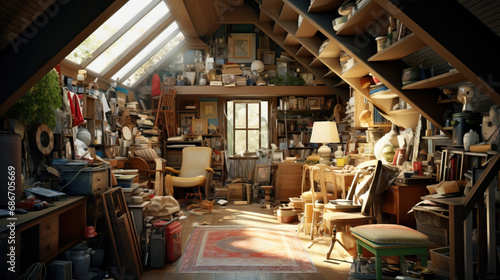 A cluttered living space in an A-frame home. Concept of Organizational Challenges, Cozy Chaos, and the Personal Touch of Home.