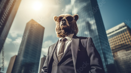 A bear wearing a suit and sunglasses in a city photo