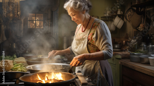 Senior woman making dinner in the kitchen with fire and flames on the pan. Concept of Kitchen Mishap, Culinary Adventures, and the Challenges of Home Cooking.