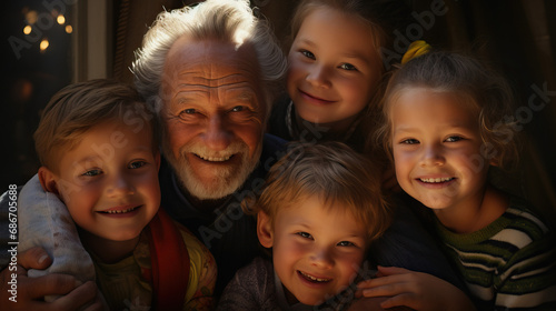 Grandfather posing with grandchildren. Happy portrait. Concept of Inter-generational Joy, Family Togetherness, and Cherished Memories.