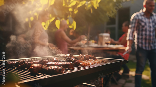 Family making barbecue in dinner party camping