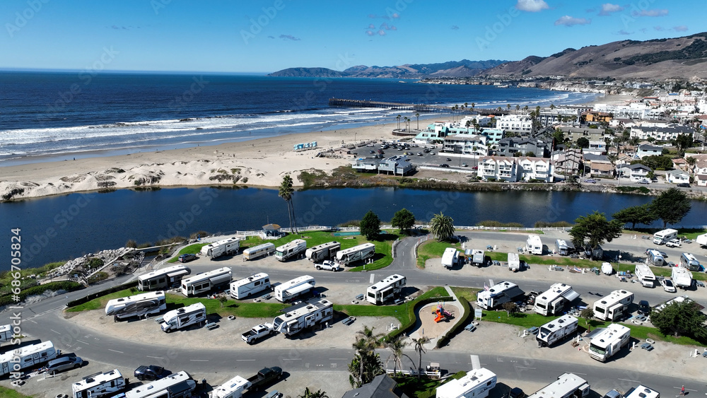 Trailer Park At Pismo Beach In California United States. Nature Tourism Travel. Sunny Day Landscape. Trailer Park At Pismo Beach In California United States. 