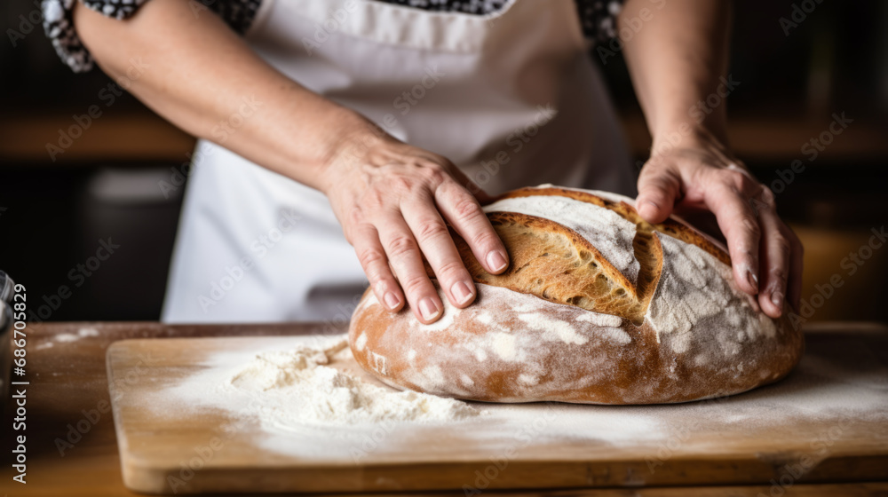 delicious fresh bread with flour in the hands of a baker