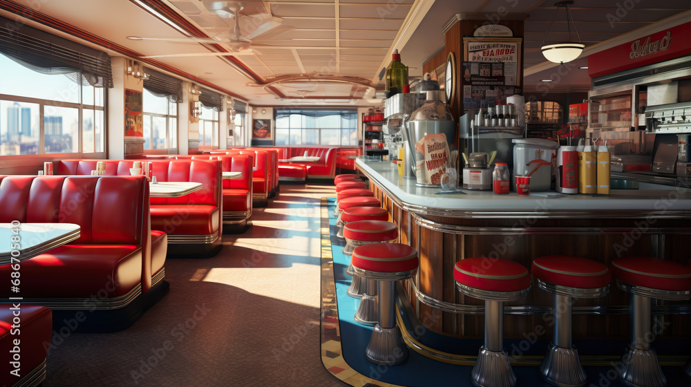 Old American diner from the 50s. Empty backdrop. Concept of Nostalgic Americana, Retro Dining, and Vintage Charm.