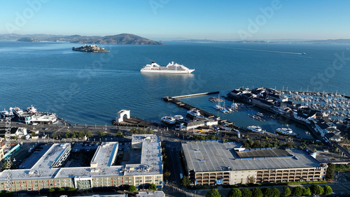 Cruise Ship At San Francisco In California United States. Megalopolis Downtown Cityscape. Business Travel. Cruise Ship At San Francisco In California United States. 