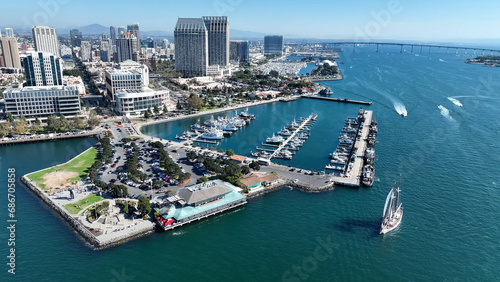 Skyline City At San Diego In California United States. Scenic Downtown Cityscape. Urban Coastal. Skyline City At San Diego In California United States.  © ByDroneVideos