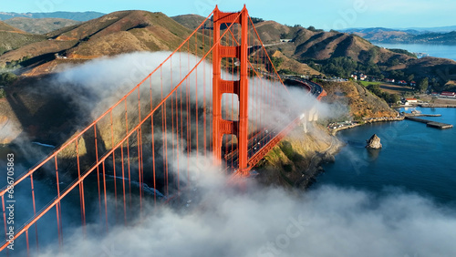 Golden Gate Bridge Fog At San Francisco In California United States. Highrise Building Architecture. Tourism Travel. Golden Gate Bridge Fog At San Francisco In California United States. 