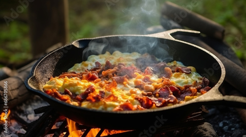 Camping breakfast in a cast iron skillet.