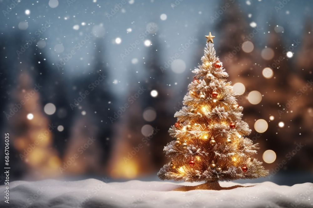 Christmas tree with illumination and snow blurred background