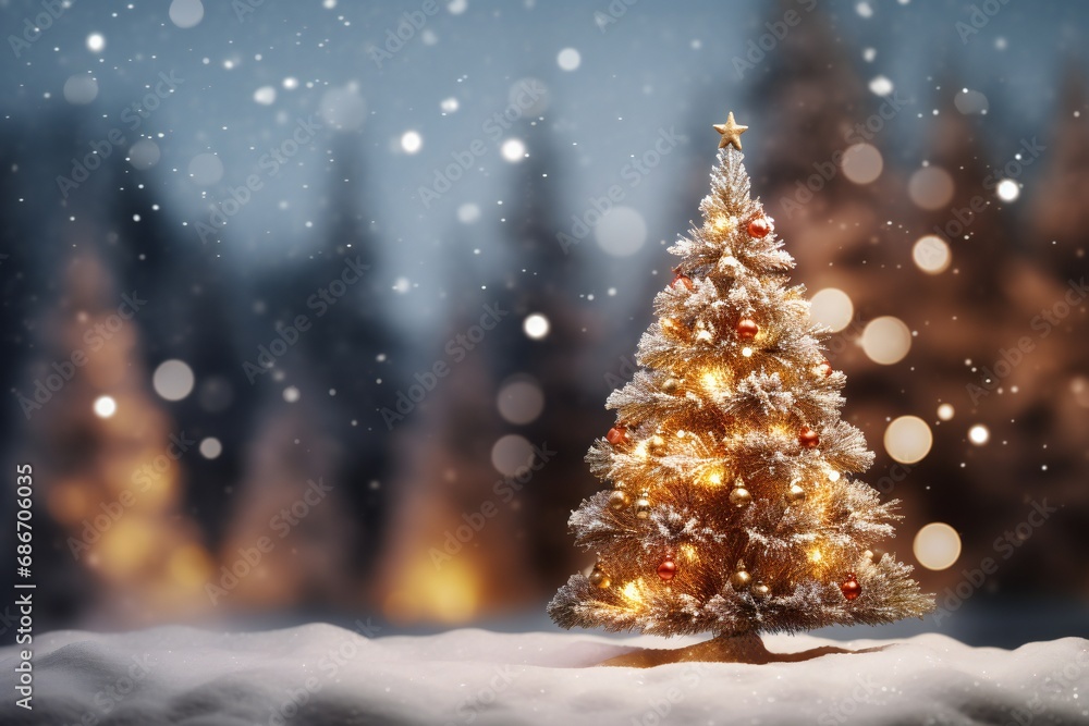 Obraz premium Christmas tree with illumination and snow blurred background