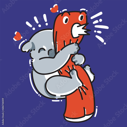 A happy koala hugs its bolster pillow tightly