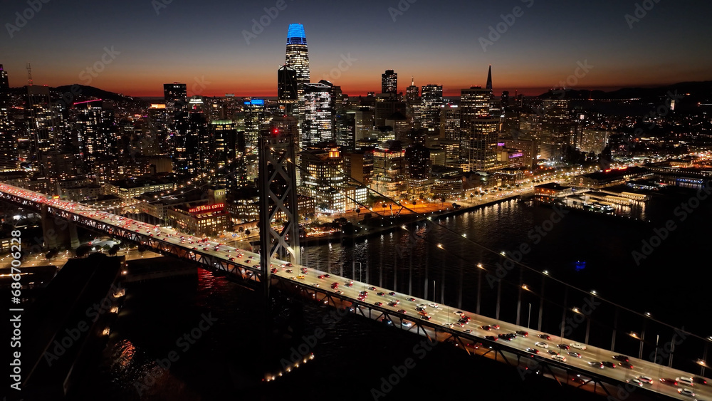 Sunset City Skyline At San Francisco In California United States. Megalopolis Downtown Cityscape. Business Travel. Sunset City Skyline At San Francisco In California United States. 
